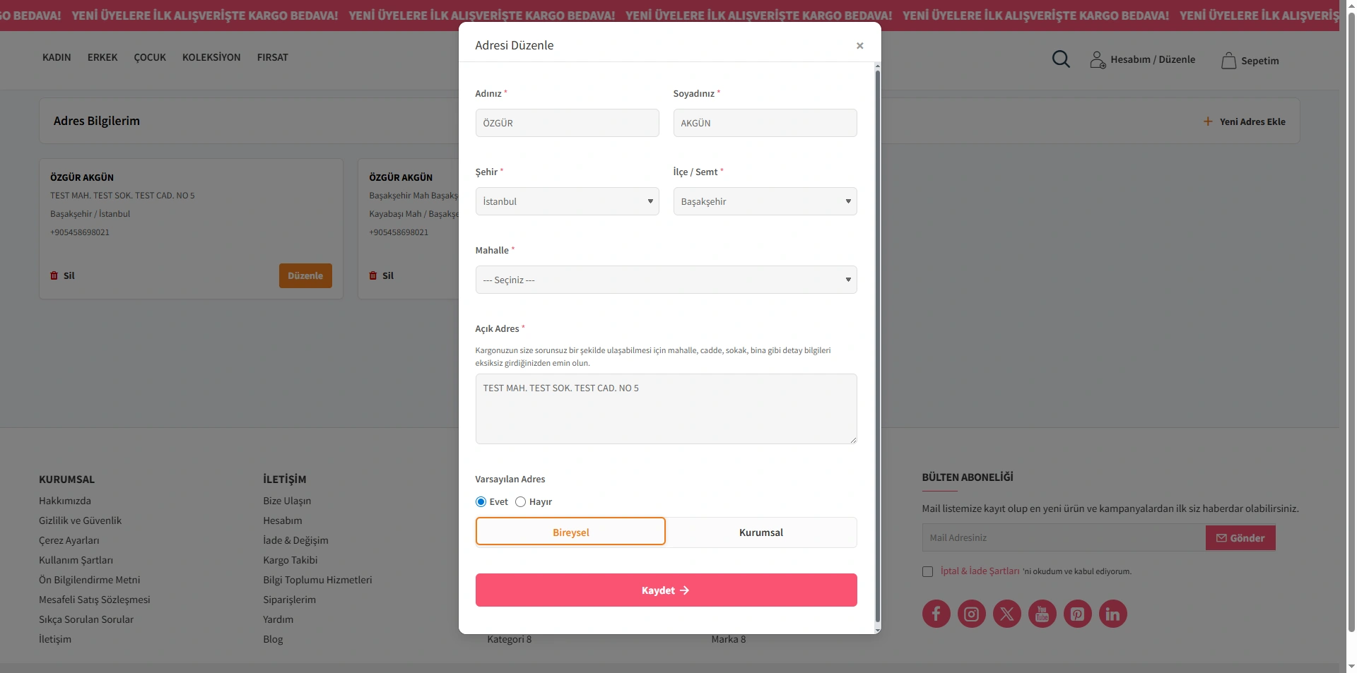 Hesap Adres Düzenle