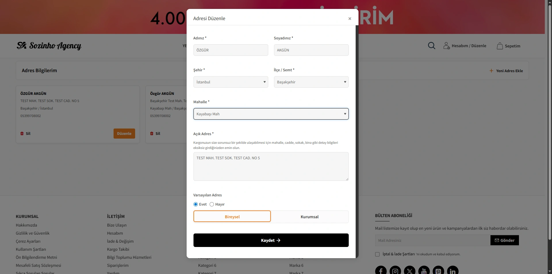Hesap Adres Düzenle