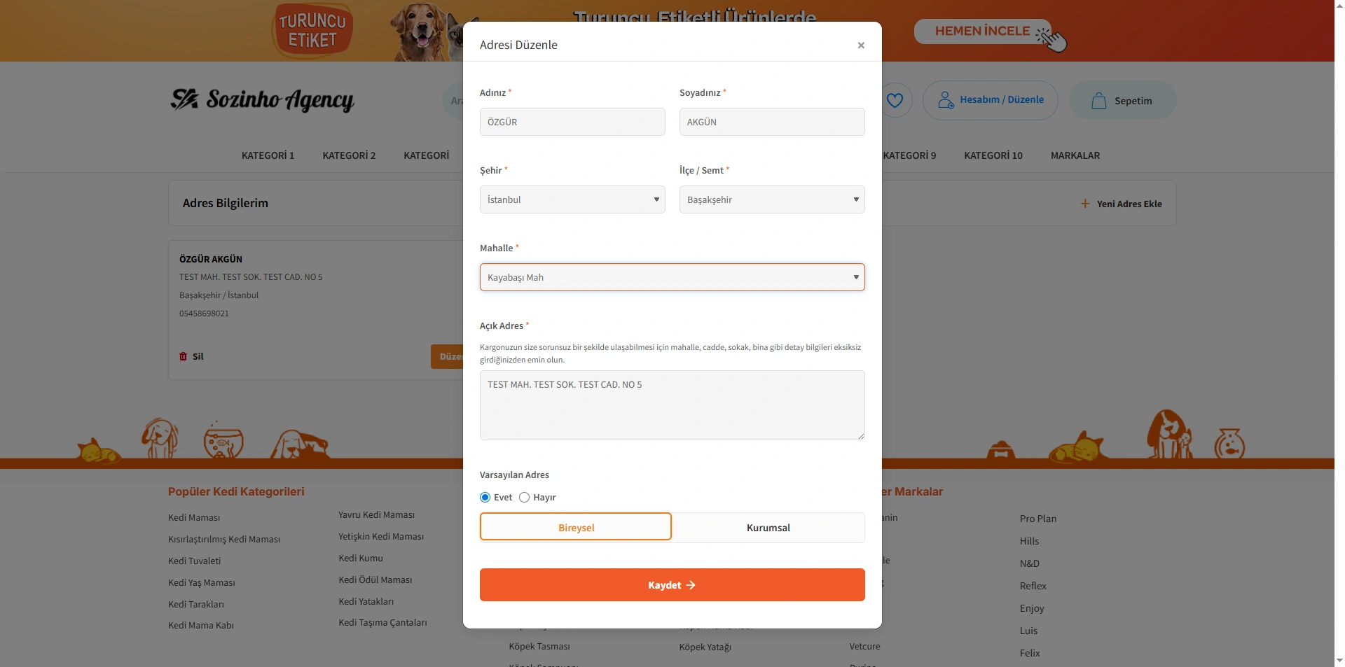 Hesap Adres Düzenle