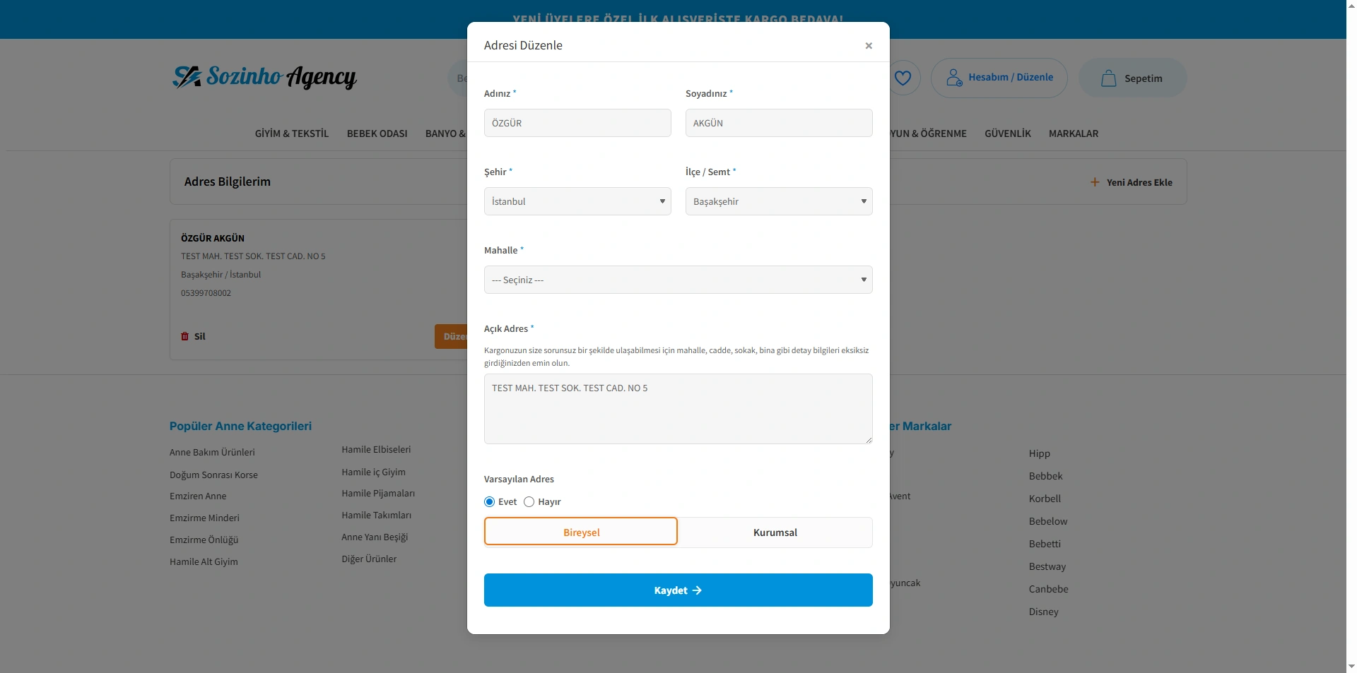Hesap Adres Düzenle